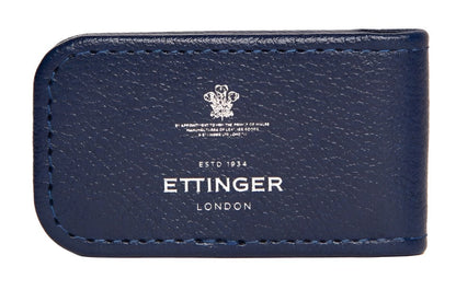 Blue goat leather Ettinger London cardholder with embossed writing and crest, elegantly paired with the Ettinger Capra Magnetic Cash Clip.