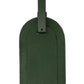 An Ettinger Capra Collection luggage tag in green goat leather has a stitched border and sturdy strap for secure attachment, set against a plain white background.