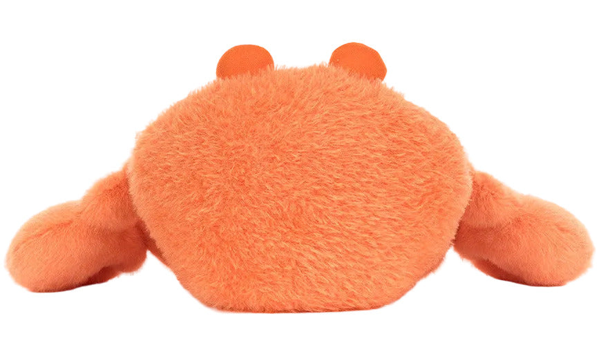 The Jellycat Pinchsnap Crab, a plush stuffed animal with two round eyes and arm-like claws, is shown from the back on a white background—an adorable companion for cuddling or pillow testing.
