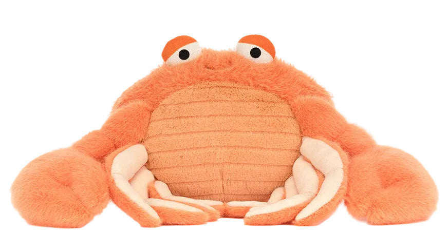 The Jellycat Pinchsnap Crab is an orange plush with large claws, a rounded body, and two top eyes—ideal for any pillow tester and displayed against a white background.
