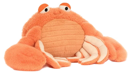 The Jellycat Pinchsnap Crab is a plush orange stuffed animal shaped like a crab, featuring large claws, soft texture, and cartoon-like eyes, shown against a white background.