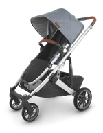 The UPPAbaby Cruz V2 Stroller, in grey, includes a canopy, adjustable handlebar, and a storage basket underneath, along with a convenient toddler seat.