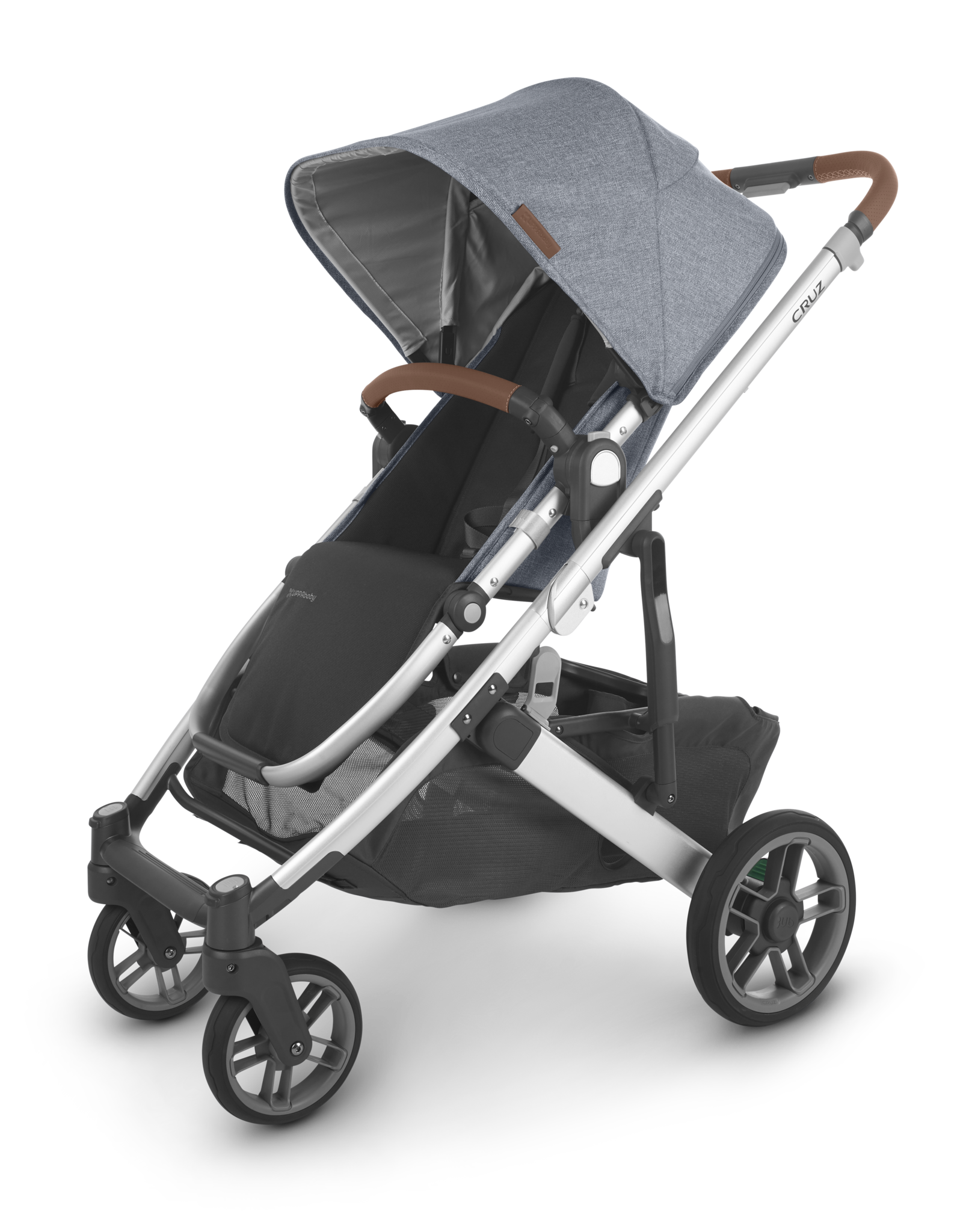 The UPPAbaby Cruz V2 Stroller, in grey, includes a canopy, adjustable handlebar, and a storage basket underneath, along with a convenient toddler seat.