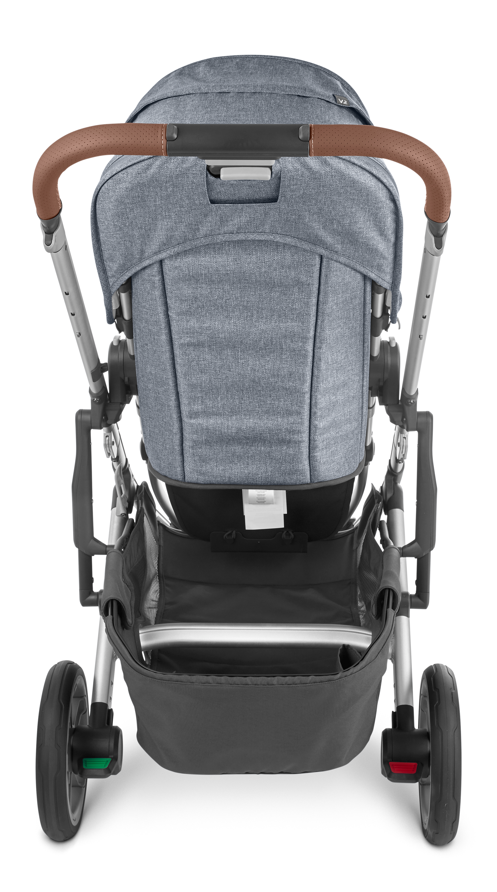 View of the rear side of a gray UPPAbaby Cruz V2 Stroller, showcasing its brown handlebars, black wheels, and a storage basket underneath. The light frame is designed to support a reversible Toddler Seat and features a UPF 50+ canopy for sun protection.