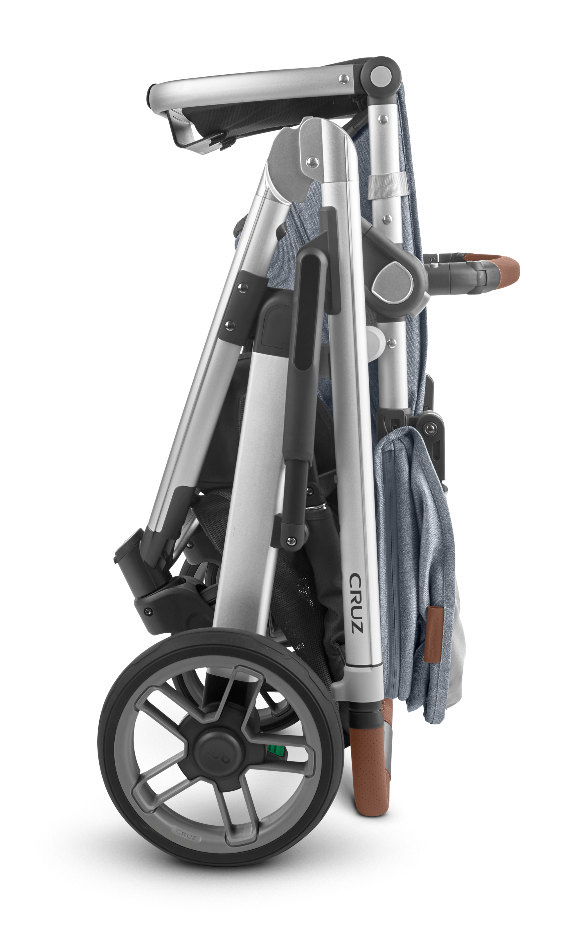 A folded UPPAbaby Cruz V2 Stroller, showcasing grey and silver components along with a visible wheel and the "CRUZ" label on the frame, also features an adjustable handlebar for added convenience.