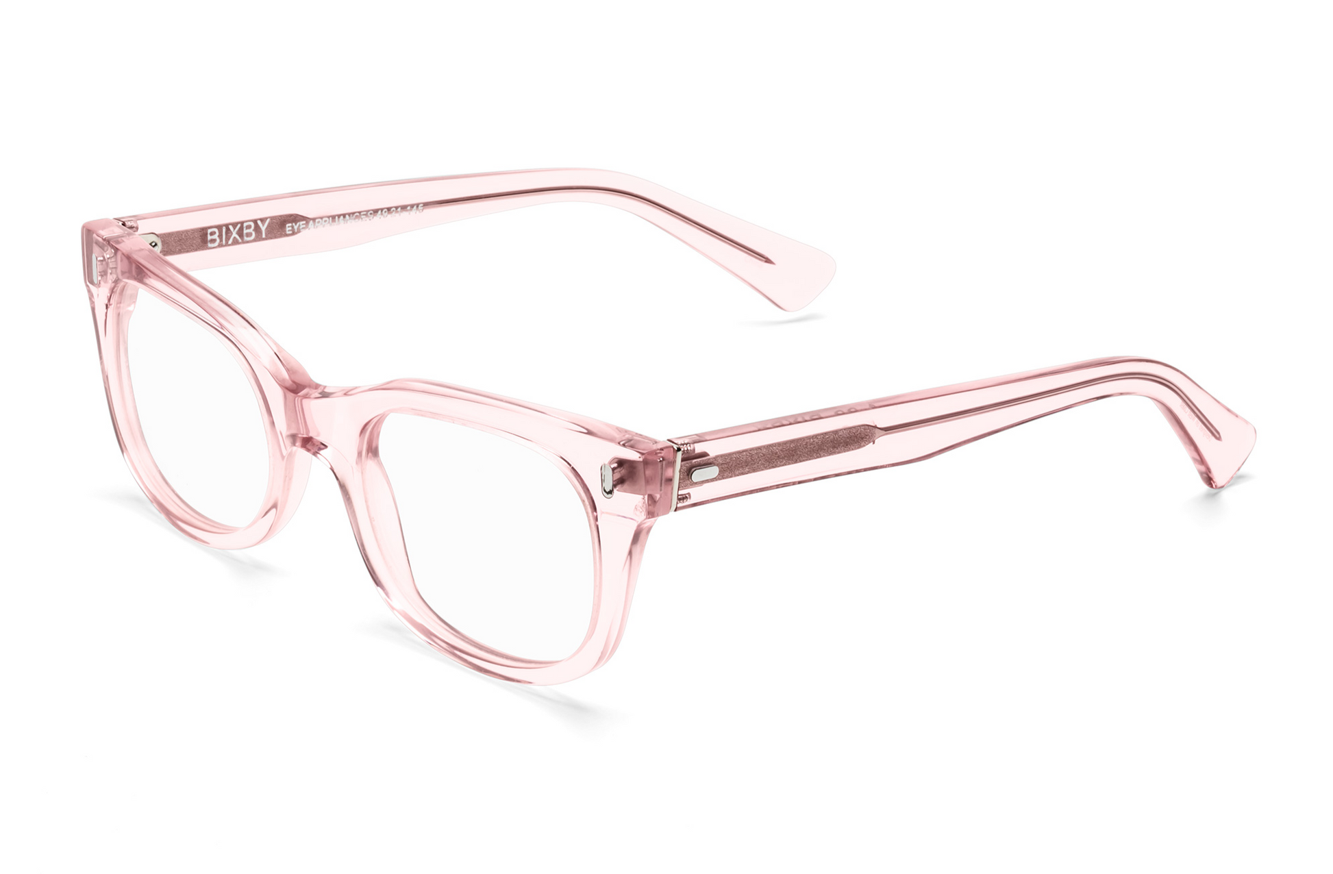 A pair of Caddis Bixby Readers with transparent pink frames, featuring blue light blocks and the brand name "Miklos" on the temple.