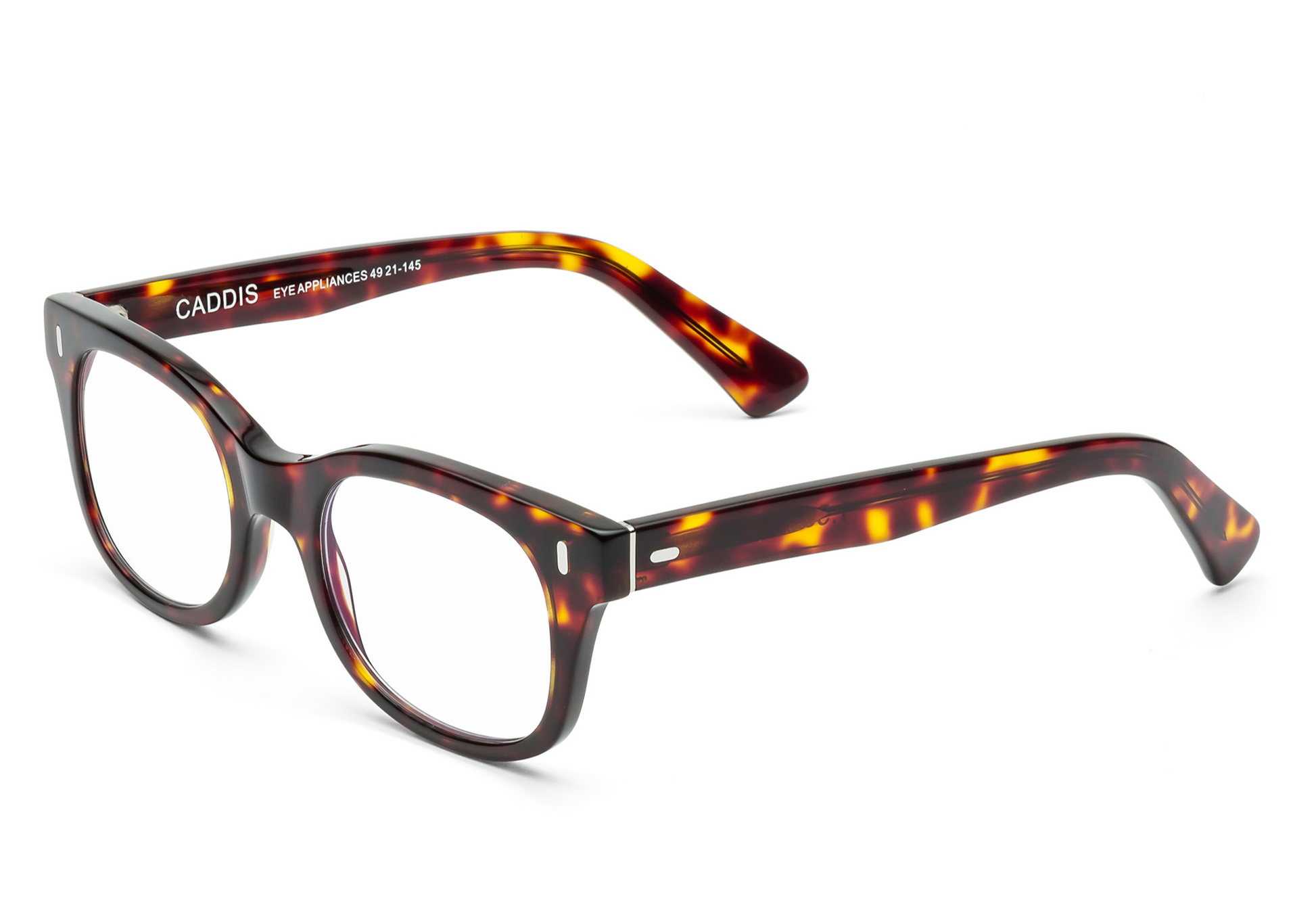 Tortoiseshell patterned, Caddis Bixby Readers blue light blocking eyeglasses on a white background.