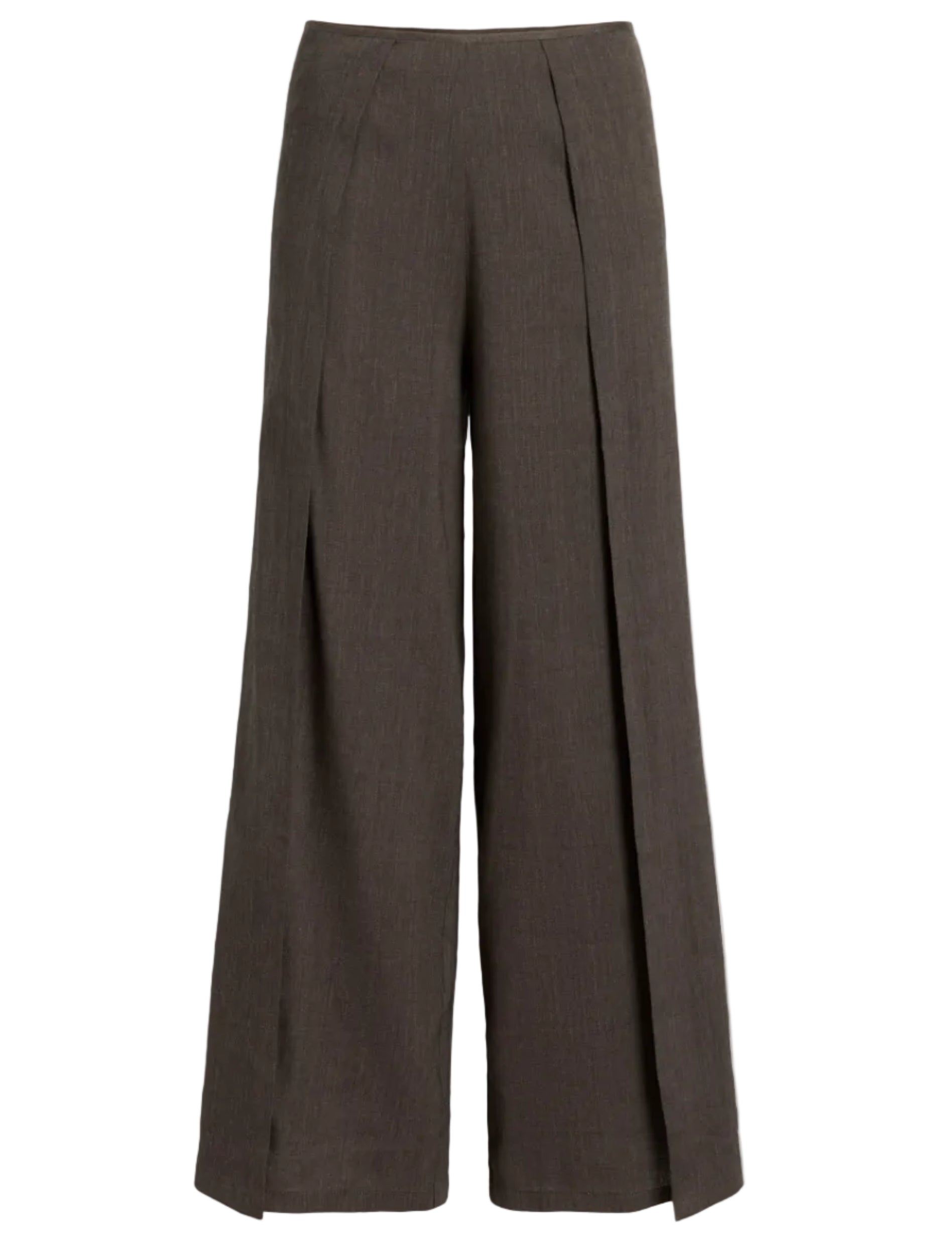 The Calla Slub Linen Pant by Proenza Schouler White Label features a wide-leg, high-waisted brown design with front pleats and a straight hem in a relaxed, cropped silhouette, shown against a white background.