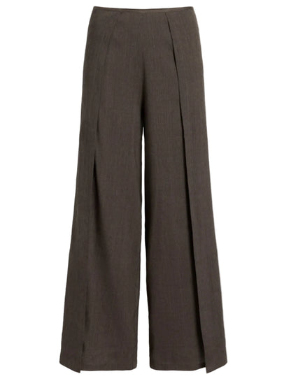 The Calla Slub Linen Pant by Proenza Schouler White Label features a wide-leg, high-waisted brown design with front pleats and a straight hem in a relaxed, cropped silhouette, shown against a white background.
