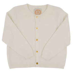 The Beaufort Bonnet Company’s Baby Girls' and Girls' Gold Button Cambridge Cardigan in cream, featuring long sleeves and gold buttons, is a classic style cardigan shown laid flat on a white background.