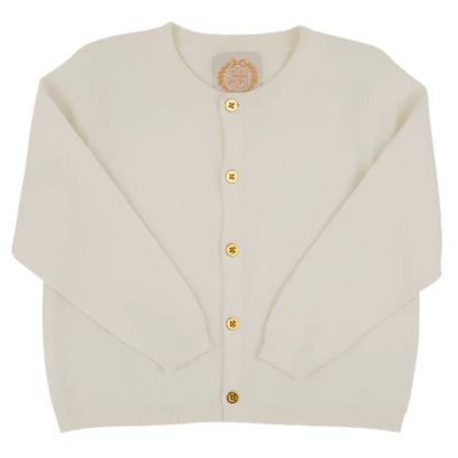 The Beaufort Bonnet Company’s Baby Girls' and Girls' Gold Button Cambridge Cardigan in cream, featuring long sleeves and gold buttons, is a classic style cardigan shown laid flat on a white background.