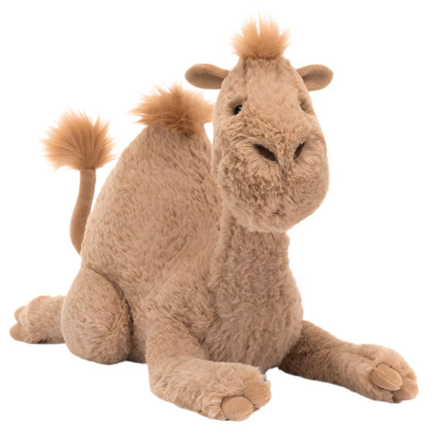 The Jellycat Richie Dromedary, crafted by Jellycat, features cuddly light brown fur with slightly darker tufts on its tail and head. It showcases a squishable hump and charming embroidered nostrils, making it an irresistibly soft companion.