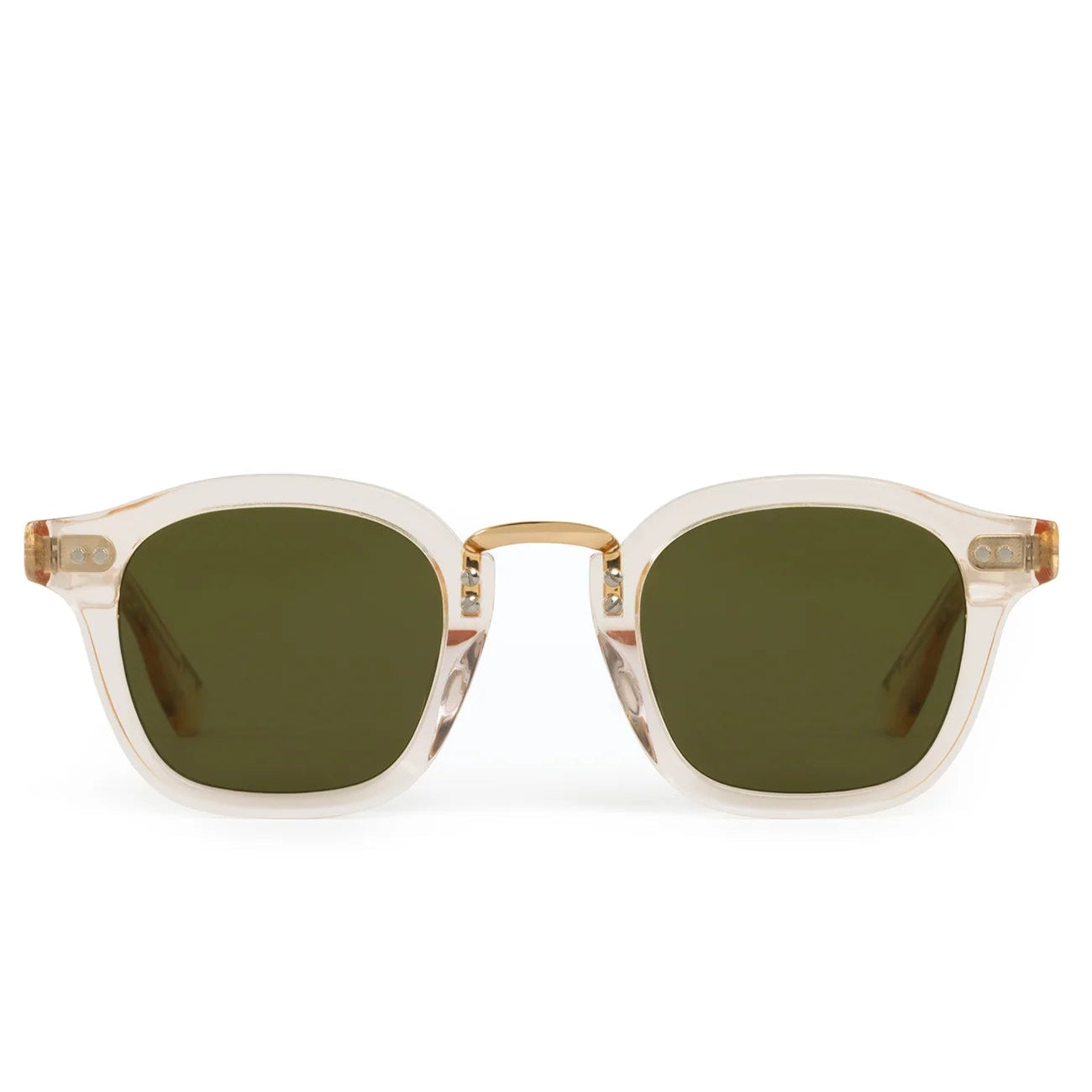 Front view of Krewe Campbell Polarized Sunglasses with hand-crafted translucent beige acetate frames, rectangular green lenses, and a universally flattering fit.