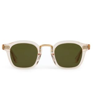 Front view of Krewe Campbell Polarized Sunglasses with hand-crafted translucent beige acetate frames, rectangular green lenses, and a universally flattering fit.