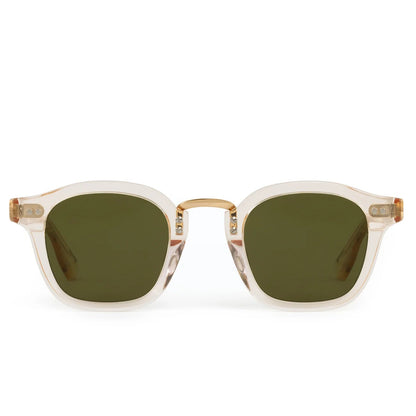 Front view of Krewe Campbell Polarized Sunglasses with hand-crafted translucent beige acetate frames, rectangular green lenses, and a universally flattering fit.