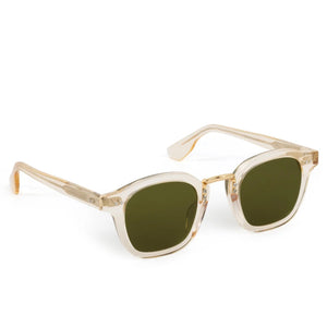 The Campbell Polarized Sunglasses by Krewe feature hand-crafted transparent beige acetate frames and dark green rectangular lenses, displayed at an angle on a white background.