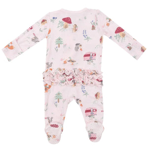 Introducing the Angel Dear Cute Animal Campers 2-Way Zip Ruffle Back Footie, a baby onesie with long sleeves and zipper footies. It features a charming woodland-themed print and boasts ruffled detailing on the back. Crafted from soft bamboo fiber fabric for enhanced comfort, it also includes fold-over cuffs to keep little hands cozy.