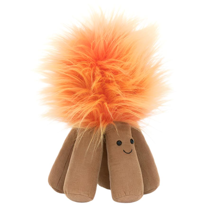 The Jellycat Amuseables Campfire is a cuddly plush toy from the brand Jellycat, featuring an adorable smiling face, brown corduroy limbs, and a large, fluffy orange top that captivates with its ombre flames.