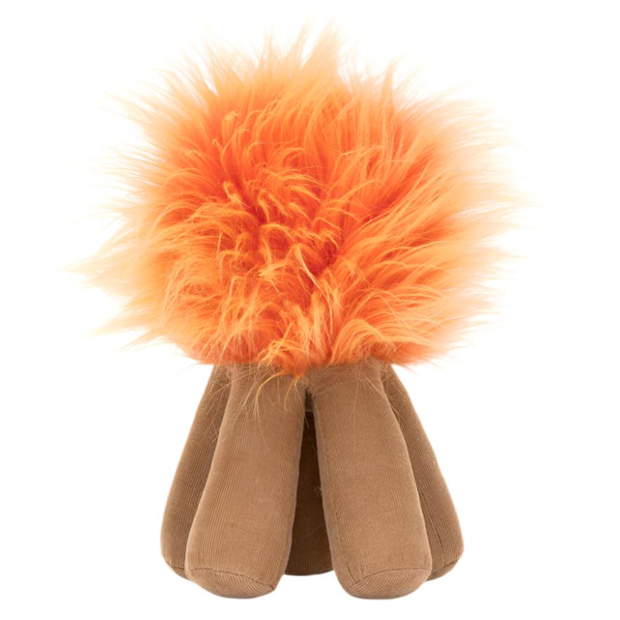 The Jellycat Amuseables Campfire, by the brand Jellycat, showcases a fluffy orange top and a brown cylindrical base that resemble a tuft of fur with legs. Its ombre flames design makes this huggable corduroy creation perfect for sparking warmth and coziness for people of all ages.