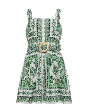 The Candy Mini Dress by Cara Cara features a green baroque print, sleeveless fit-and-flare silhouette, square neckline, button-down front, smocked back, and a matching belt with a round gold buckle.