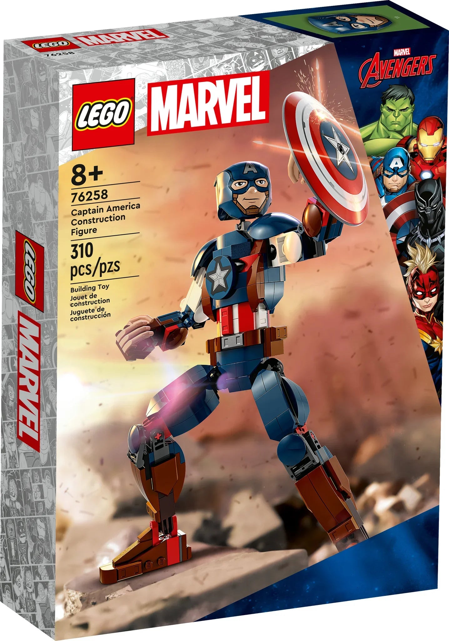 LEGO® Marvel Captain America Construction Figure by Legos - Toyhouse, designed for ages 8 and up, includes 310 pieces. The packaging features an assembled figure holding a shield and showcases Avengers branding.