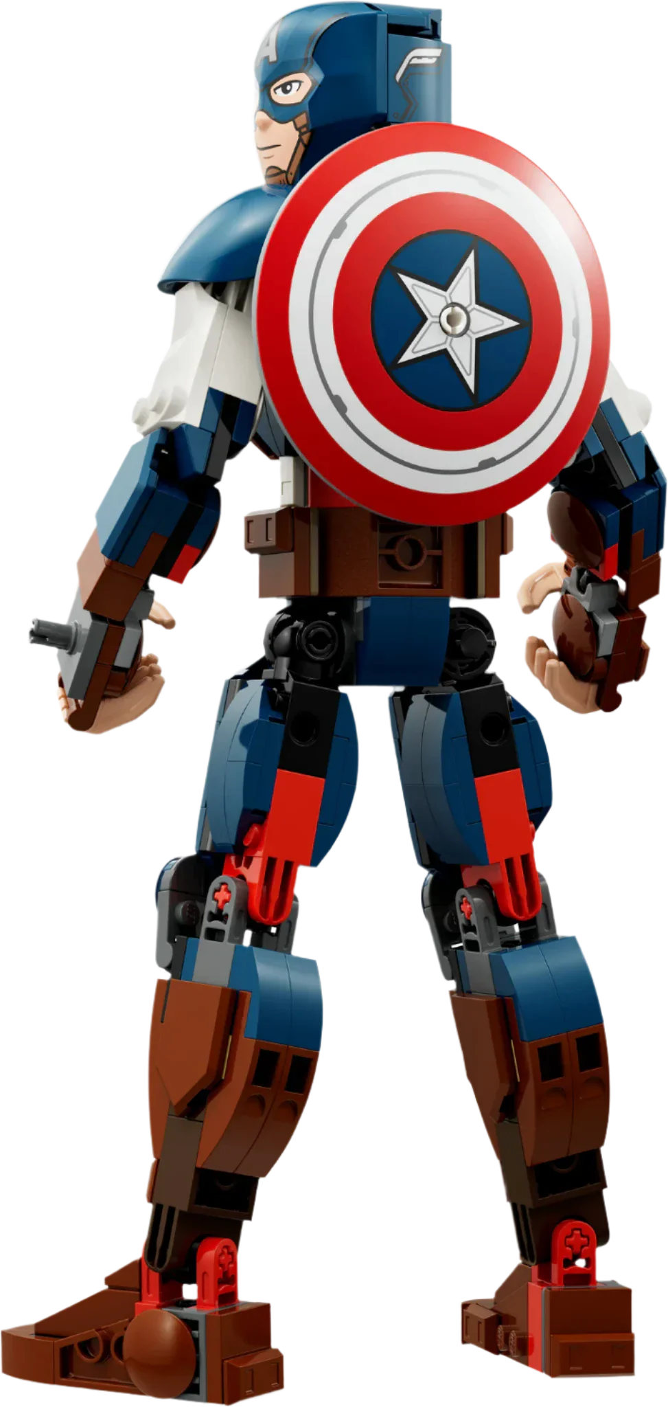 The LEGO® Marvel Captain America Construction Figure from Legos - Toyhouse is depicted from behind, holding his iconic shield adorned with a star emblem. This building toy set masterfully captures the essence of the superhero in stunning detail.