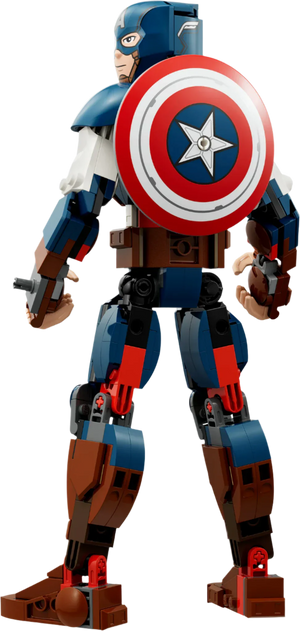 The LEGO® Marvel Captain America Construction Figure from Legos - Toyhouse is depicted from behind, holding his iconic shield adorned with a star emblem. This building toy set masterfully captures the essence of the superhero in stunning detail.