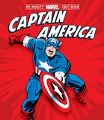 A comic-style illustration of Captain America, inspired by Jack Kirby, features him in a dynamic pose with his shield against a bold red background. The text "Captain America: My Mighty Marvel First Book" is displayed above, from the brand Abrams.