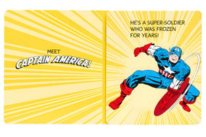 Comic-style illustration of Captain America in an action pose with text reading, "Meet Captain America! Created by Jack Kirby for the Mighty Marvel universe, he's a super-soldier who was frozen for years!" on a yellow background with burst lines. As featured in "Captain America: My Mighty Marvel First Book" by Abrams.