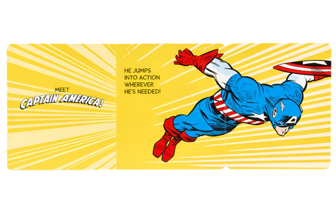 Illustration of Captain America, showcased in Jack Kirby's iconic style, striking a dynamic pose while holding his shield. The text reads, "Meet Captain America! He's always ready for action wherever he's needed!" The background is filled with Mighty Marvel's signature yellow rays. This captivating imagery is part of the Abrams book titled "Captain America: My Mighty Marvel First Book.