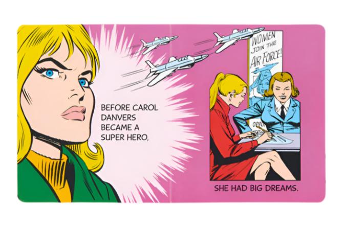 Comic illustration depicting a woman with blonde hair, three jets, and a recruiter's desk with two women. Text: "Before Carol Danvers became Captain Marvel, she had big dreams." Abrams artists bring to life the origins of this superhero journey in Captain Marvel: My Mighty Marvel First Book.