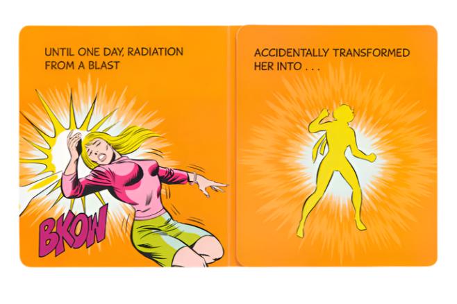 Comic-style illustration depicting a woman impacted by an explosion with the sound "BKOW." In the subsequent panel, a radiant silhouette of her transformed figure is revealed. Text: "Until one day, a blast unexpectedly turned her into one of the superheroes from Marvel artists, as seen in *Captain Marvel: My Mighty Marvel First Book* by Abrams...