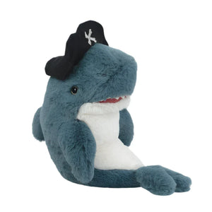 The MON AMI Captain O'Fish Pirate Shark, a plush blue shark by Mon Ami, boasts a black pirate hat adorned with a white X, making it ideal for imaginative playtime adventures.