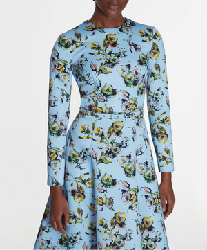 A person models the Genzianella Dress by Emilia Wickstead—a long-sleeved, light blue floral print piece with yellow and green accents—shown from shoulders to mid-thigh against a plain background, ideal for effortless occasion dressing.