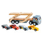 The Tender Leaf Car Transporter by Tender Leaf Toys includes a detachable carrier featuring four colorful super cars and a driver figure situated inside the truck cab.