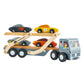 The Tender Leaf Car Transporter by Tender Leaf Toys is a wooden vehicle featuring a checkered cab design that carries four vibrant super cars on two levels, and includes a detachable carrier for enhanced playtime flexibility.