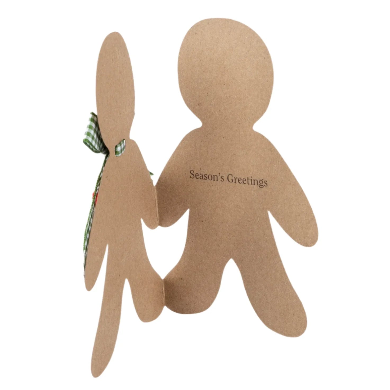 The Meri Meri Gingerbread Man Card features two brown, gingerbread-like figures holding hands, with "Season's Greetings" inscribed on one. In this charming festive design by Meri Meri, one figure dons a green checked bow tie, creating the perfect Christmas card.