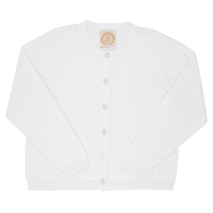 The Beaufort Bonnet Company Cambridge Cardigan is an adorable white, long-sleeve cardigan featuring a round neckline and button closure down the front. Crafted from soft Pima Cotton Knit, this piece is free of any visible patterns or designs.