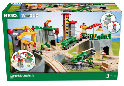 The BRIO World Cargo Mountain Set by Brio showcases a detailed wooden train set that includes cranes for exciting cargo activities, along with tracks and vehicles. It features both a helicopter and a cargo train, making it ideal for children aged 3 and up.