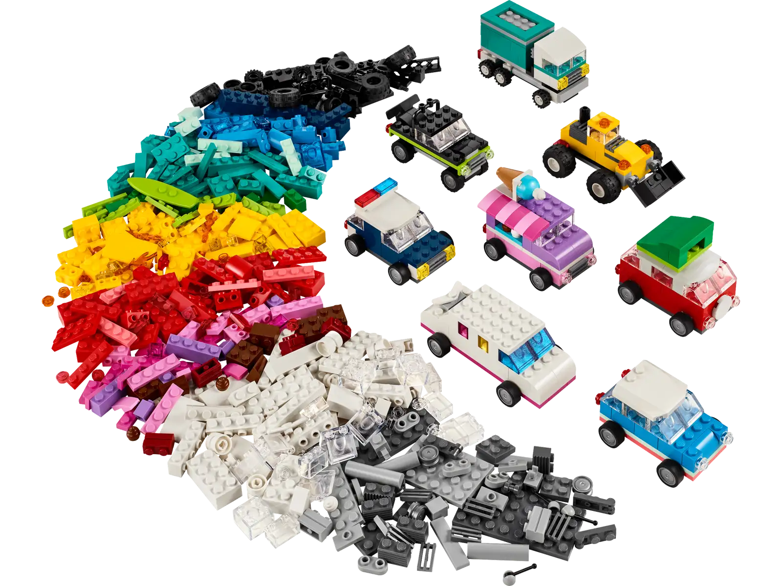 Various colors and shapes of LEGO pieces from the LEGO® Classic Creative Vehicles set by Legos - Toyhouse, arranged in a semi-circle, alongside seven customizable small LEGO vehicles.