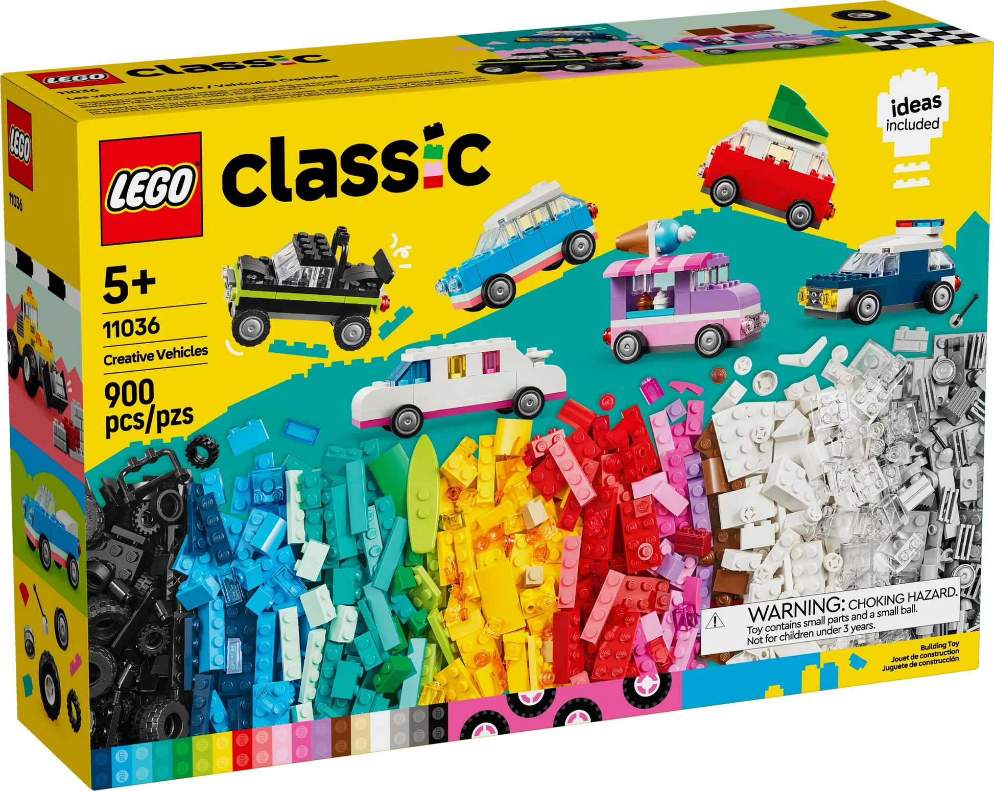 The LEGO® Classic Creative Vehicles set, available from Legos - Toyhouse, item number 11036, is designed for ages 5 and up and contains 900 colorful pieces to build various customizable LEGO vehicles. The box showcases building ideas and includes a choking hazard warning.