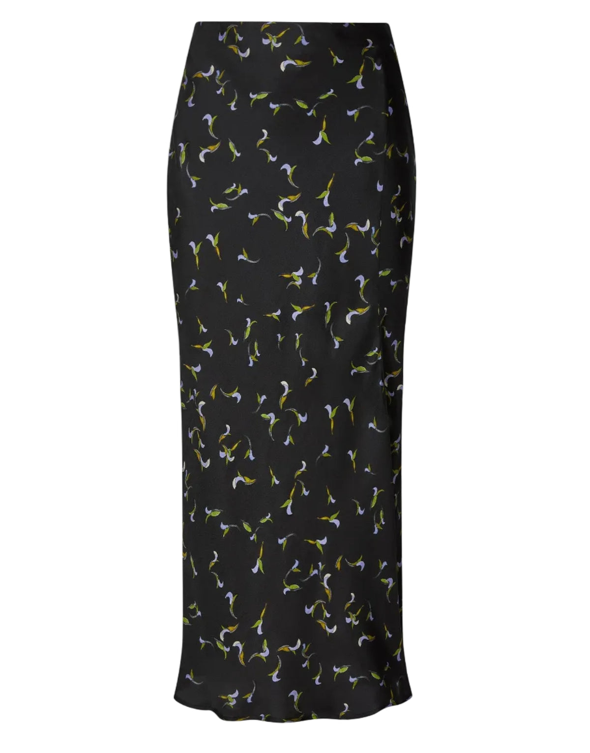 Altuzarra Casey Skirt in black, featuring a streamlined silhouette and slim fit with an all-over small floral print in green, yellow, and light blue tones.