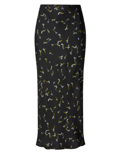 Altuzarra Casey Skirt in black, featuring a streamlined silhouette and slim fit with an all-over small floral print in green, yellow, and light blue tones.