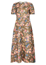 The Casey Dress by Hunter Bell NYC is a brown short-sleeve sheath midi dress with pink, blue, and cream florals, fitted bodice, and flared skirt—a versatile choice for any occasion.