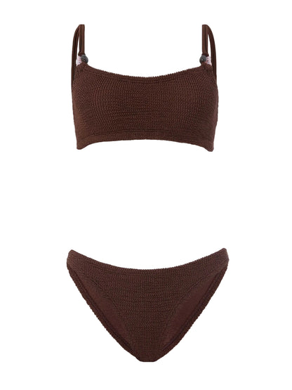 The Cassie Bikini by Hunza G features a brown textured bralette top with a straight-across neckline and matching classic coverage bottoms, shown against a plain white background.