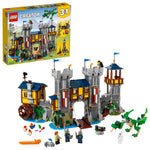 The LEGO® Creator Medieval Castle set from Legos - Toyhouse is perfect for creative kids, featuring a variety of figures, animals, and accessory pieces. The box showcases three different build options to enhance play and imagination.