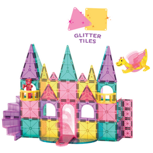 The Magnatiles Castle DXL 48-Piece Set shines with glitter tiles, towers, a pink ramp, a small red figure, and a yellow dragon—ideal for magnetic building and imaginative play.