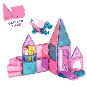 The Magnatiles Castle 25-Piece Set lets kids build a castle with a drawbridge, a yellow figure in the tower, and a flying blue dragon—ideal for fairy tale play. "Glitter Tiles" is shown in the upper left corner.