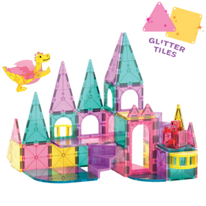 The Magnatiles Castle DXL 48-Piece Set features multiple towers, a pink dragon, a small red figure, and glitter tiles—perfect for imaginative magnetic construction play.