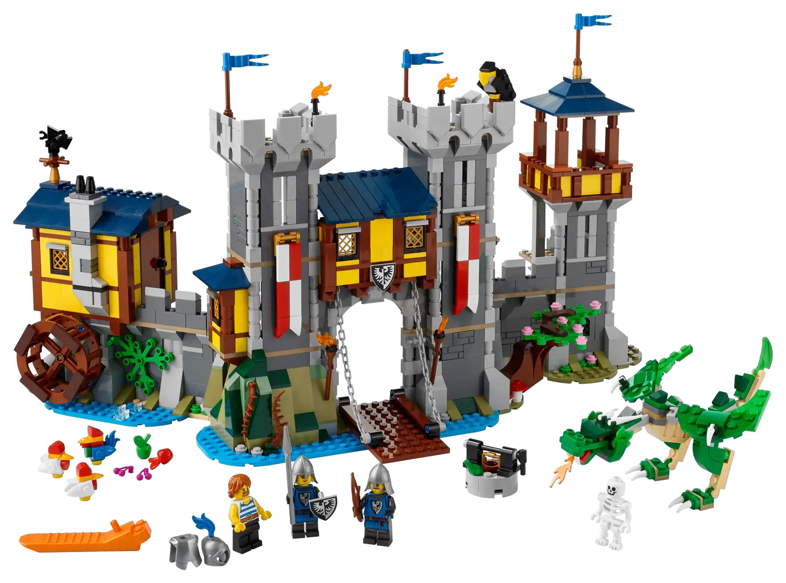 The LEGO® Creator Medieval Castle set from Legos - Toyhouse is a detailed 3in1 kit featuring two knights, a dragon, various accessories, and several castle features such as towers, flags, and a drawbridge — perfect for creative kids who love medieval toy sets.